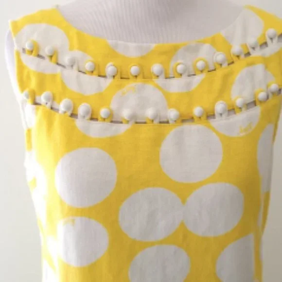 Lilly Pulitzer Linen Shift Dress Yellow Polka Dot Mod Buttons Sleeveless Sz 8 - Picture 2 of 7